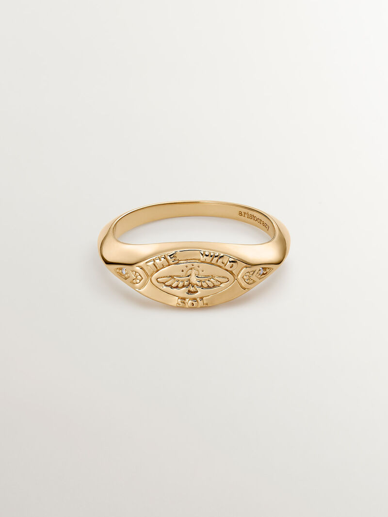 925 Silver seal ring bathed in 18K yellow gold with white topaz and eagle. image number 1