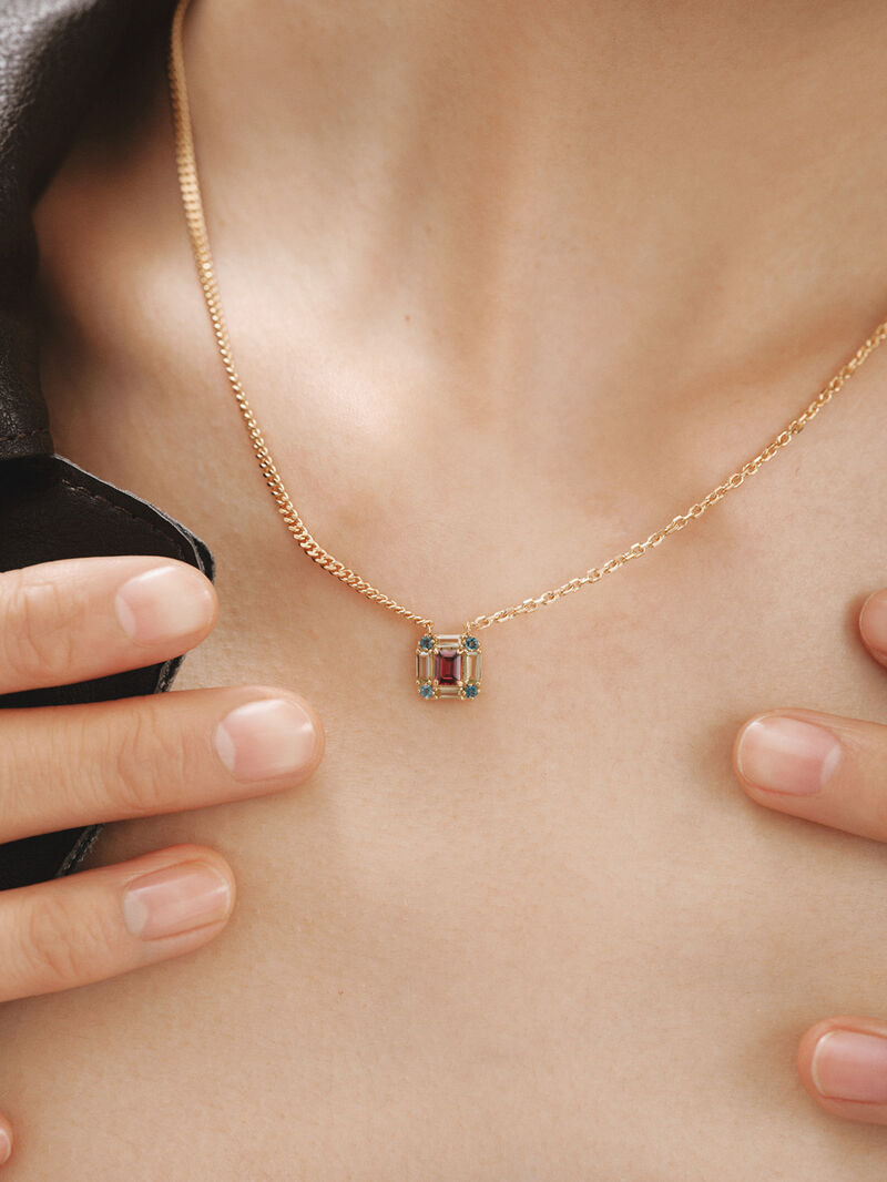 925 Silver pendant bathed in 18K yellow gold with pink rhodolite, London blue topaz, and green peridot. image number 1