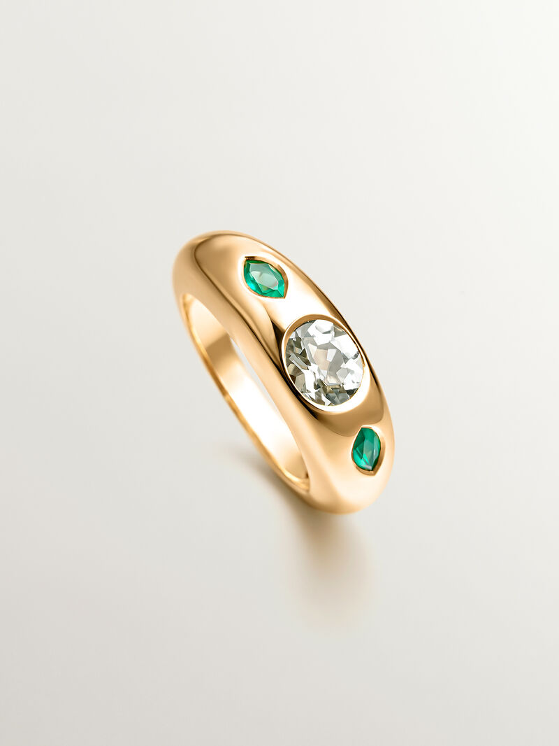 18K yellow gold plated 925 silver ring with central green quartz and green onyx image number 4