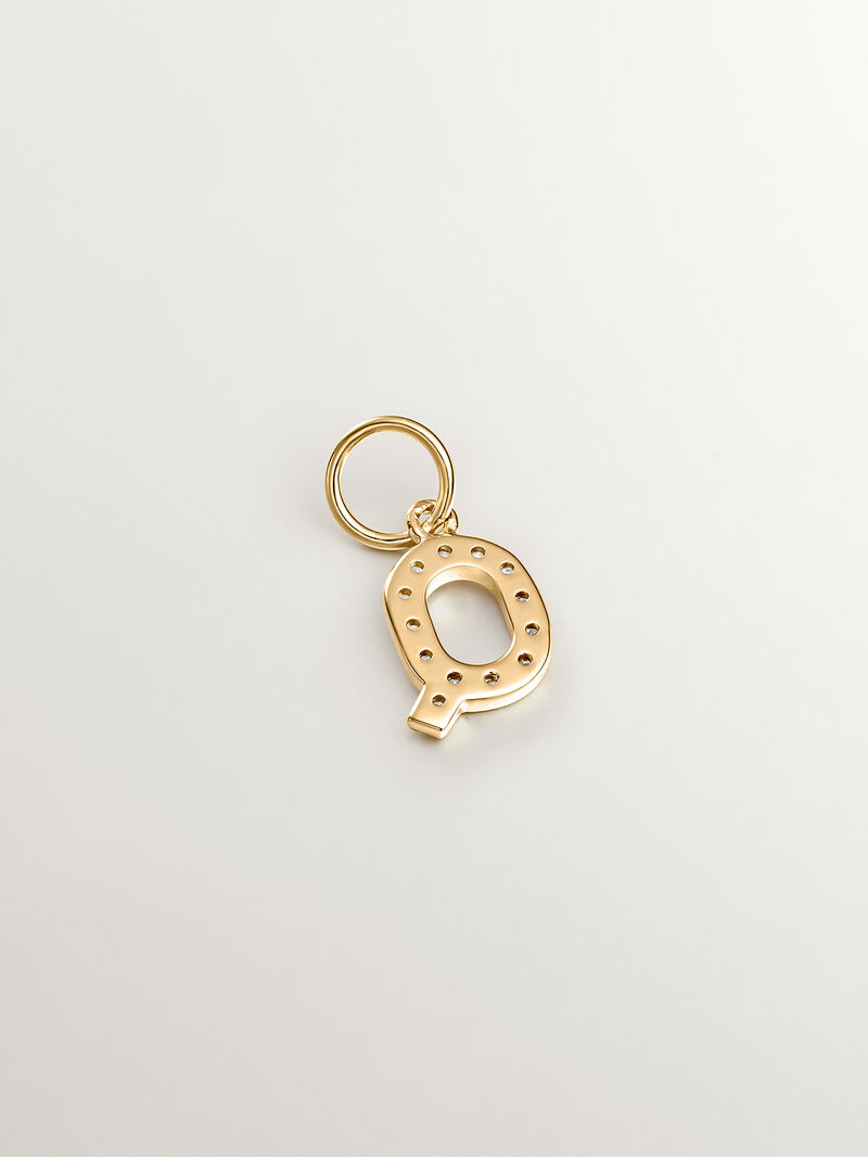 18K Yellow Gold Plated 925 Silver Charm with Q Initial and White Topaz. image number 1