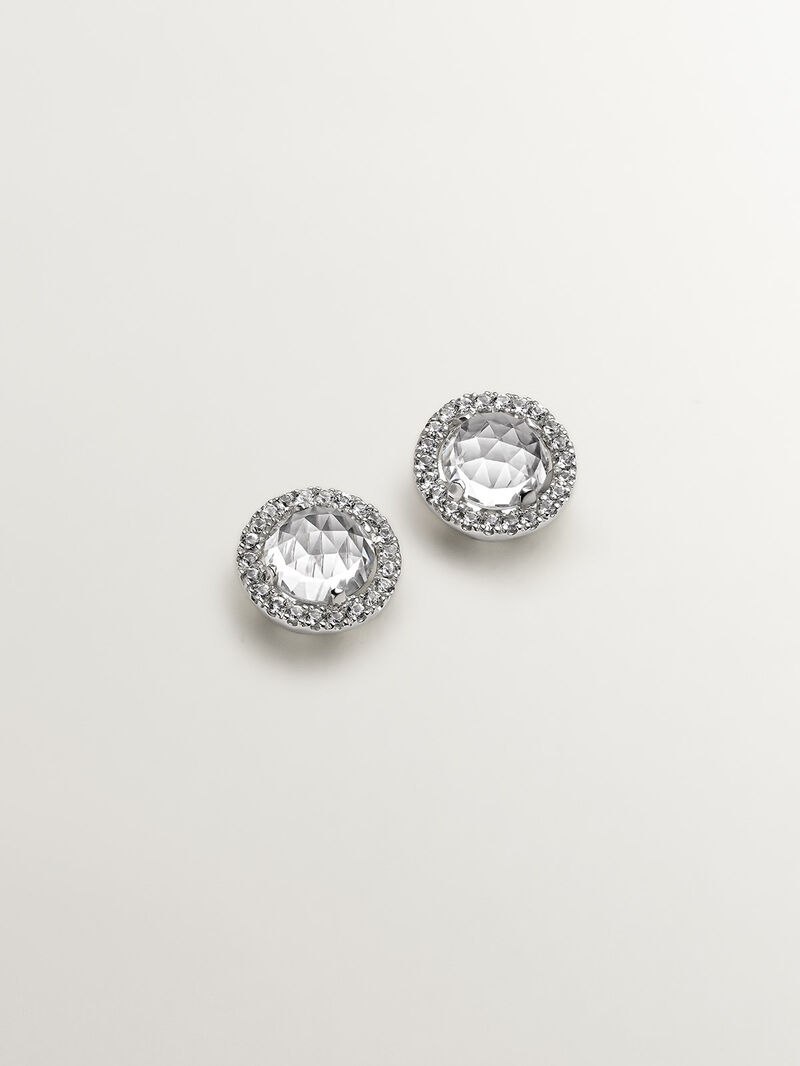 925 silver button earrings with white topaz and a halo of white sapphires. image number 2