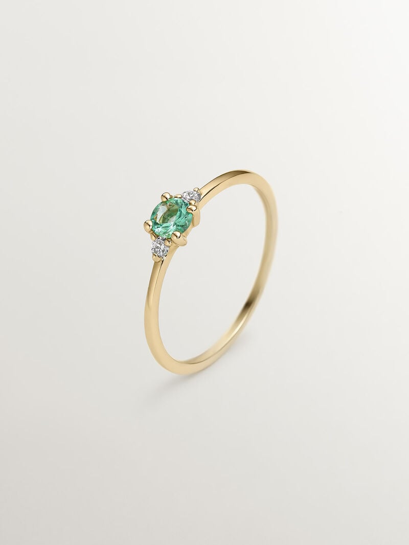 9K Yellow Gold Trilogy Ring with Emerald and Diamonds image number 0