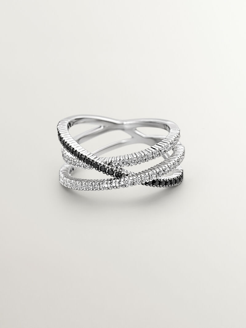 Triple crossed ring made of 925 silver plated in 18K yellow gold with white topazes and black spinels. image number 2