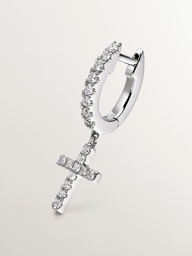 Single 18K white gold earring with diamonds and cross. image number 4