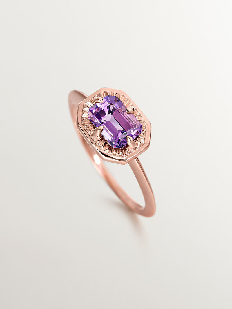 Solitaire-style ring made of 925 silver plated in 18K rose gold with purple amethyst. image number 4