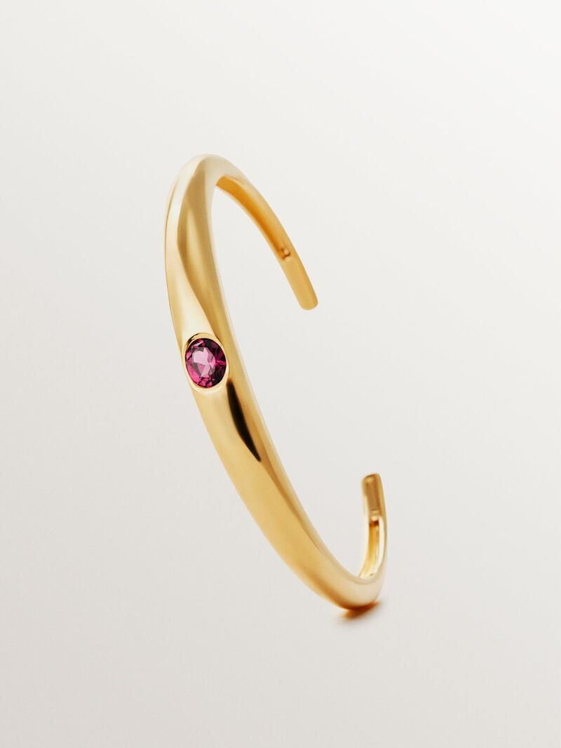 Rigid 18K yellow gold plated 925 silver bracelet with pink rhodolite image number 2