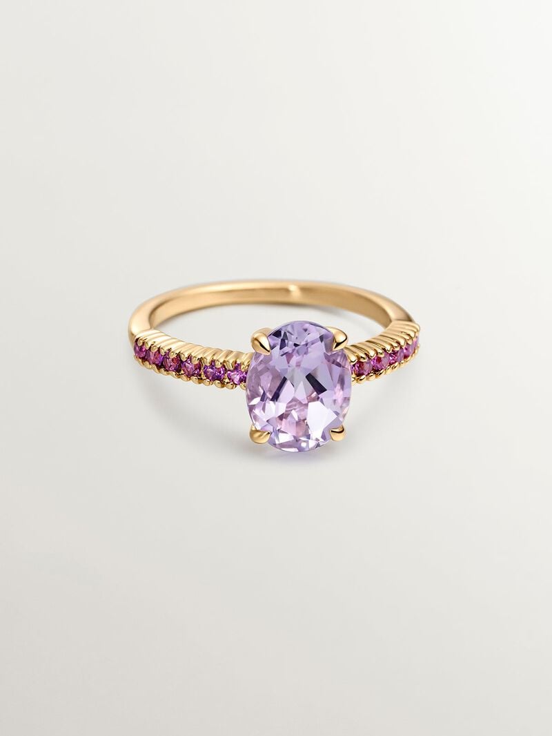 925 Silver ring bathed in 18K yellow gold with purple amethyst and pink rhodolites. image number 2