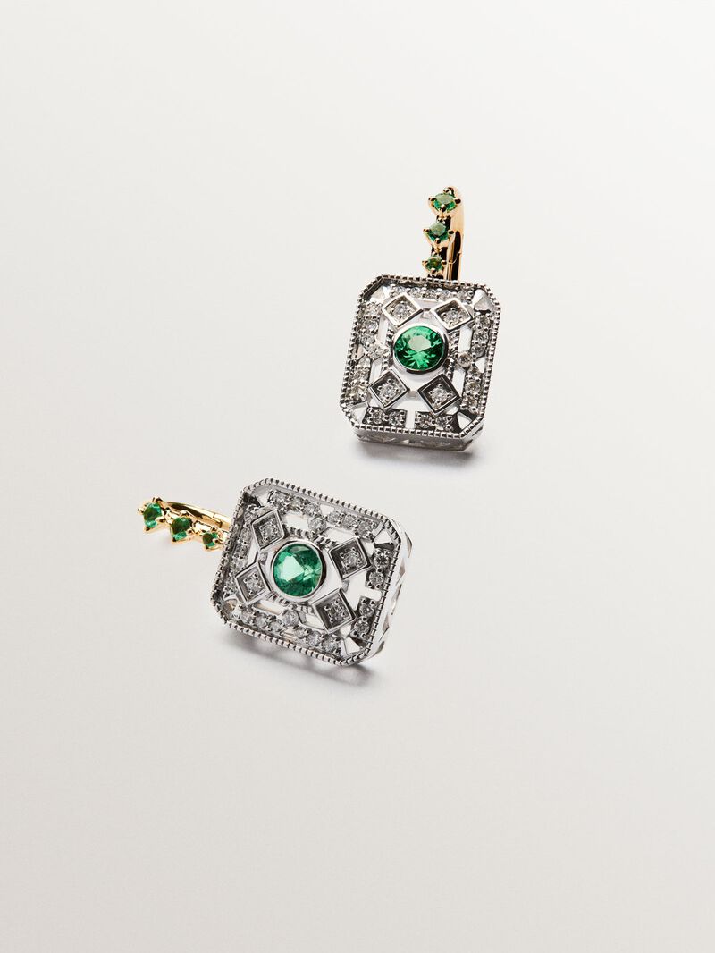 18K white and yellow gold earrings with brilliant-cut diamonds and brilliant-cut emeralds image number 4