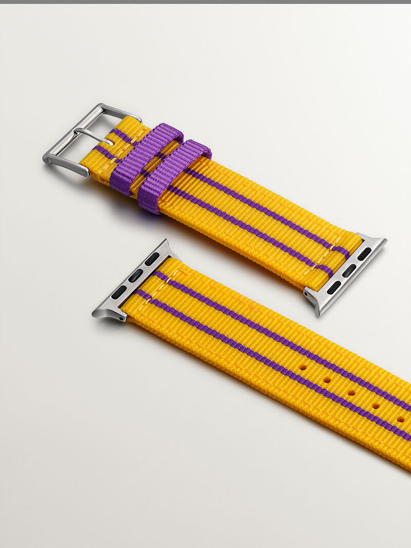 Nylon strap for Apple Watch with yellow and purple stripes. image number 2