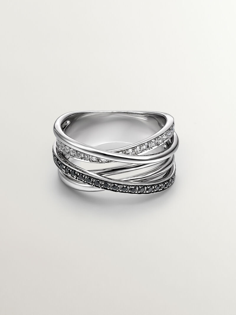 925 Silver multi-arm ring with white topaz and black spinels. image number 2