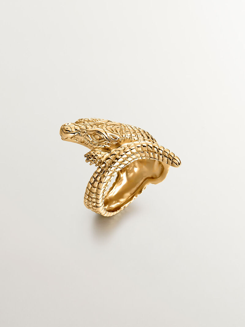 925 Silver wide ring, dipped in 18K yellow gold, in the shape of a crocodile. image number 4