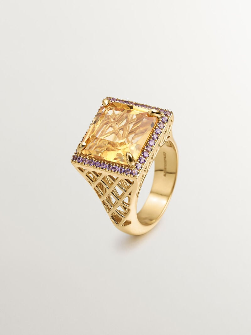 931 Silver ring bathed in 18K yellow gold with orange garnet and purple amethysts. image number 0