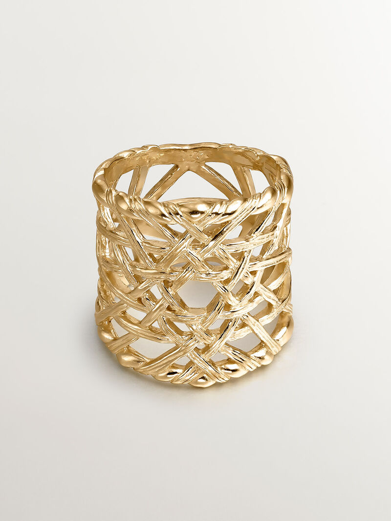 Wide 925 silver ring bathed in 18K yellow gold with wicker texture image number 2