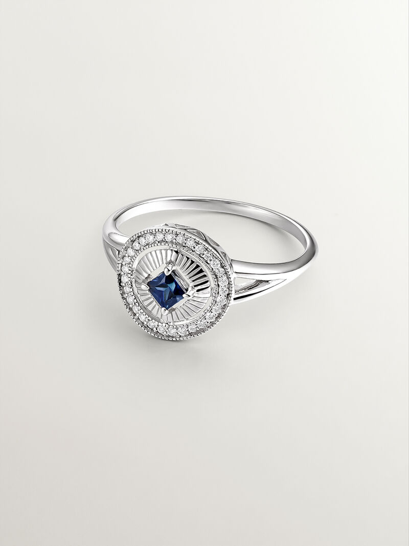 18K white gold ring with brilliant-cut diamonds and princess-cut blue sapphire image number 2