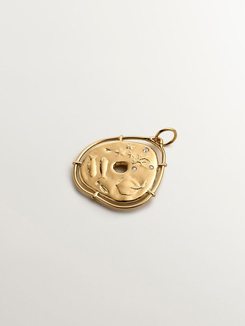 925 Silver charm, gold-plated in 18K yellow gold, with an irregular medallion shape and white topaz stones. image number 0