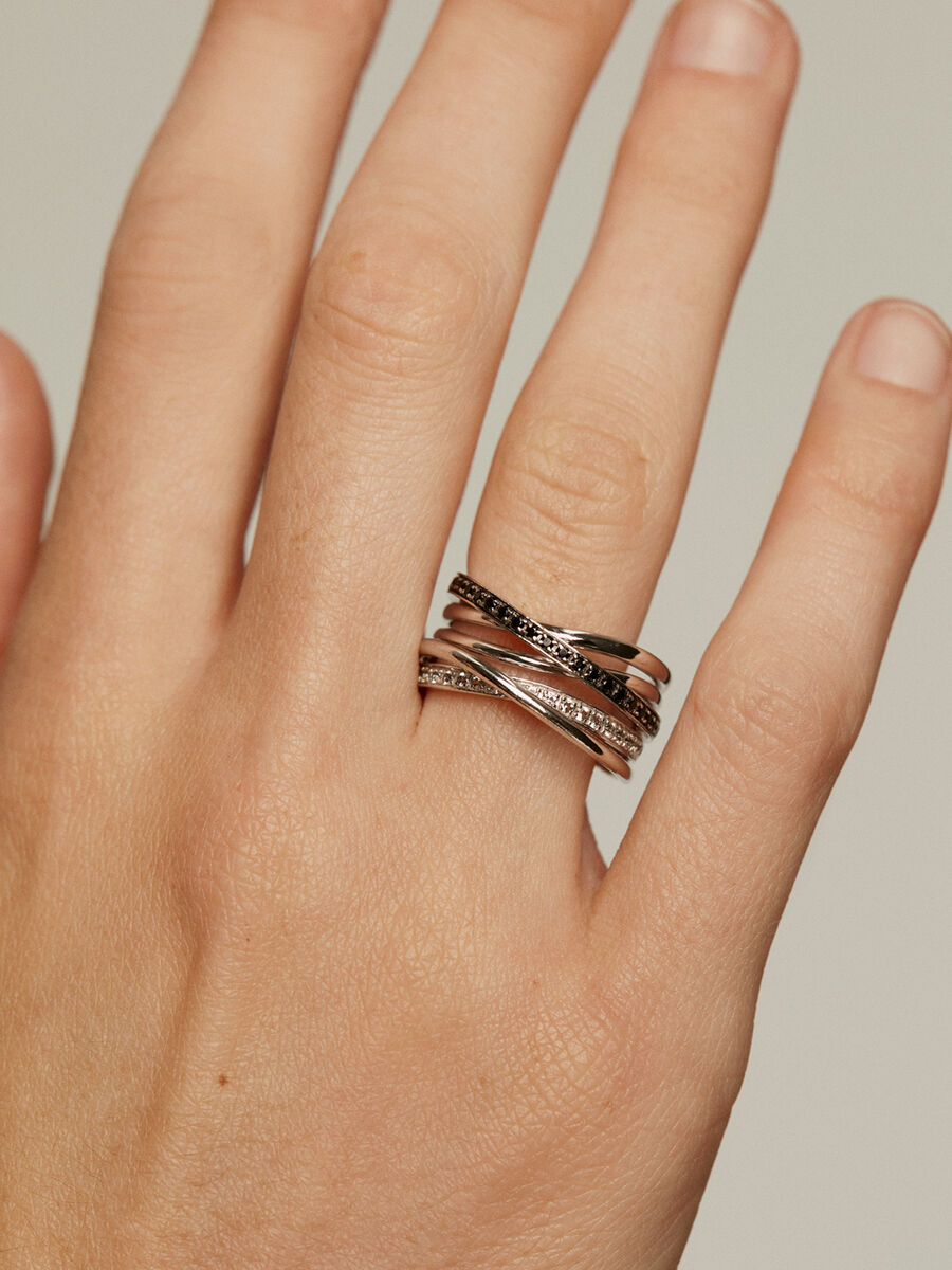 Anillo multibrazo de plata con piedras topacios blancos y espinelas negras, J03661-01-WT-BSN, hi-res