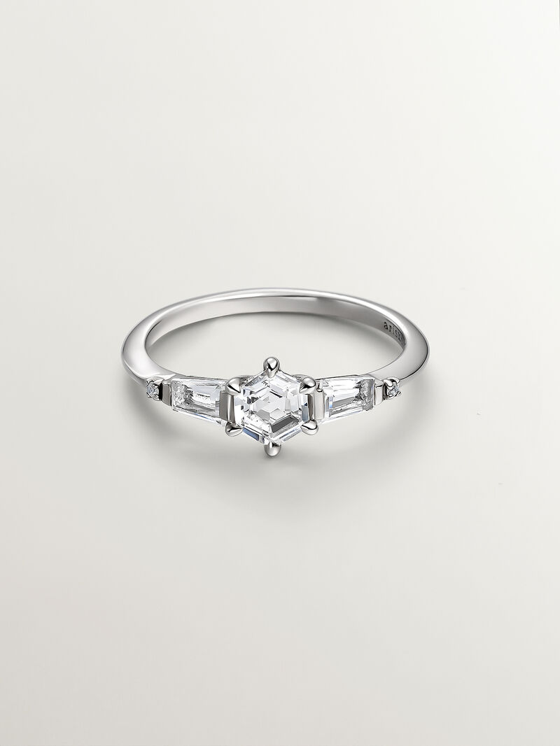 927 Silver Triple Ring with Topazes and Central Gray Diamond image number 1