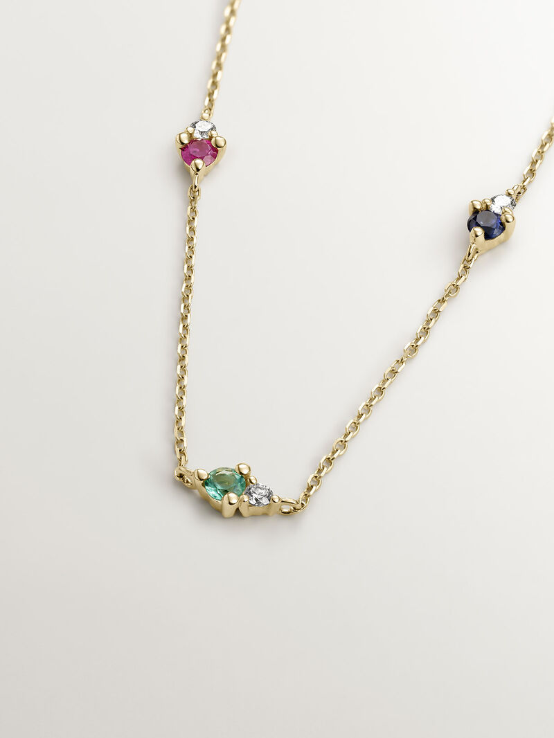 9K yellow gold necklace with sapphire, emerald, ruby, and diamonds. image number 2