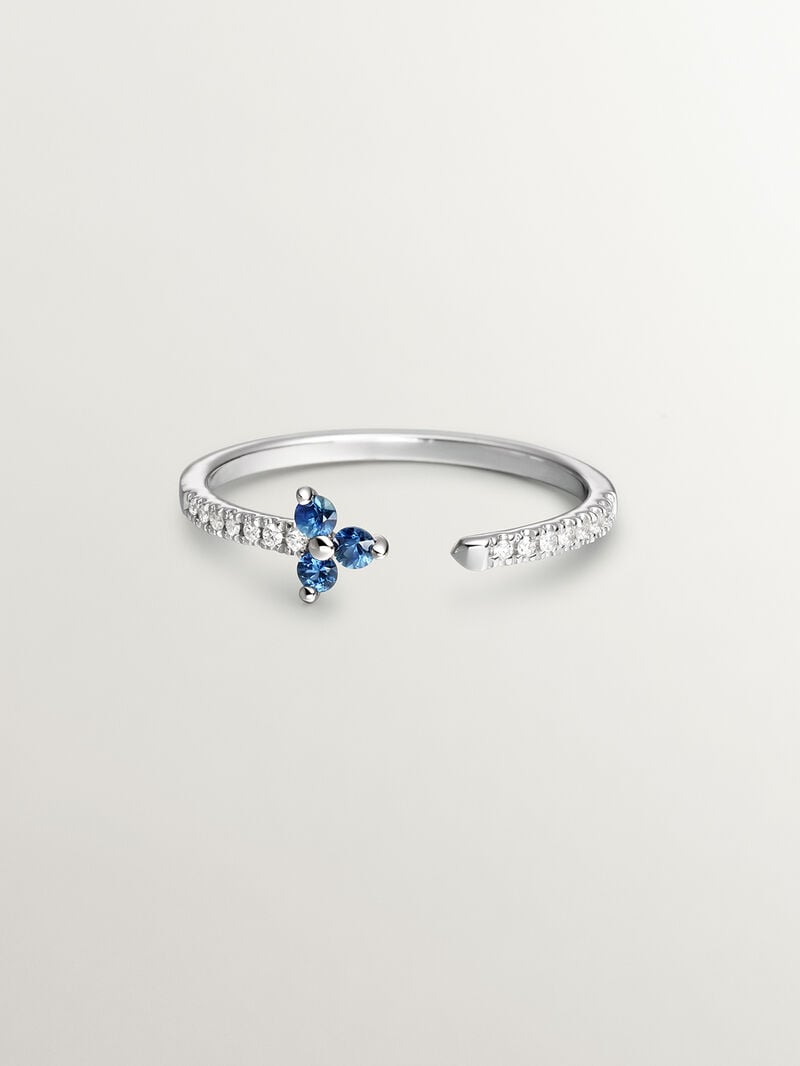 9K White Gold Ring with Diamonds and Blue Sapphire Clover image number 2