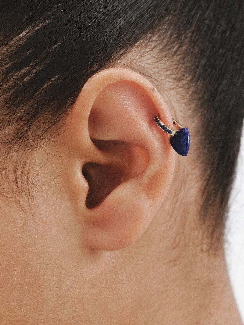 9K yellow gold single hoop earring with blue sapphires and blue lapis lazuli pendant image number 1