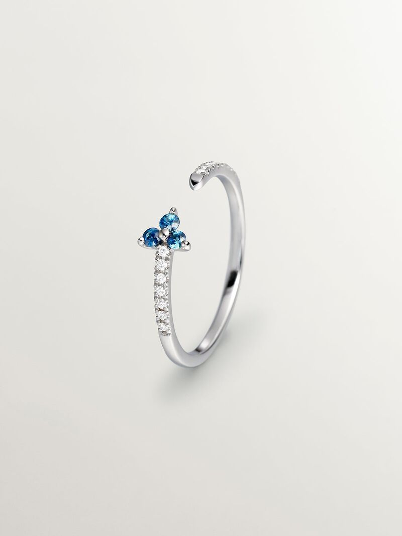 9K White Gold Ring with Diamonds and Blue Sapphire Clover image number 0