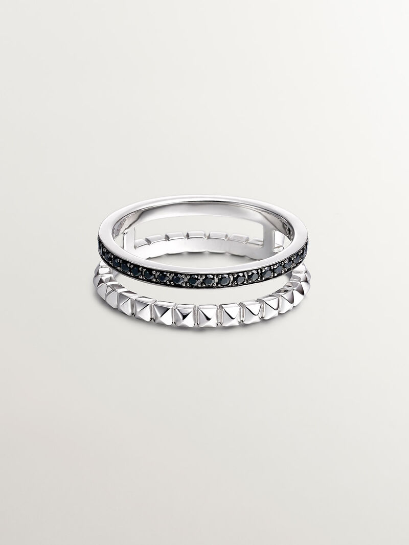 931 Silver double ring with embossing and black spinels. image number 2