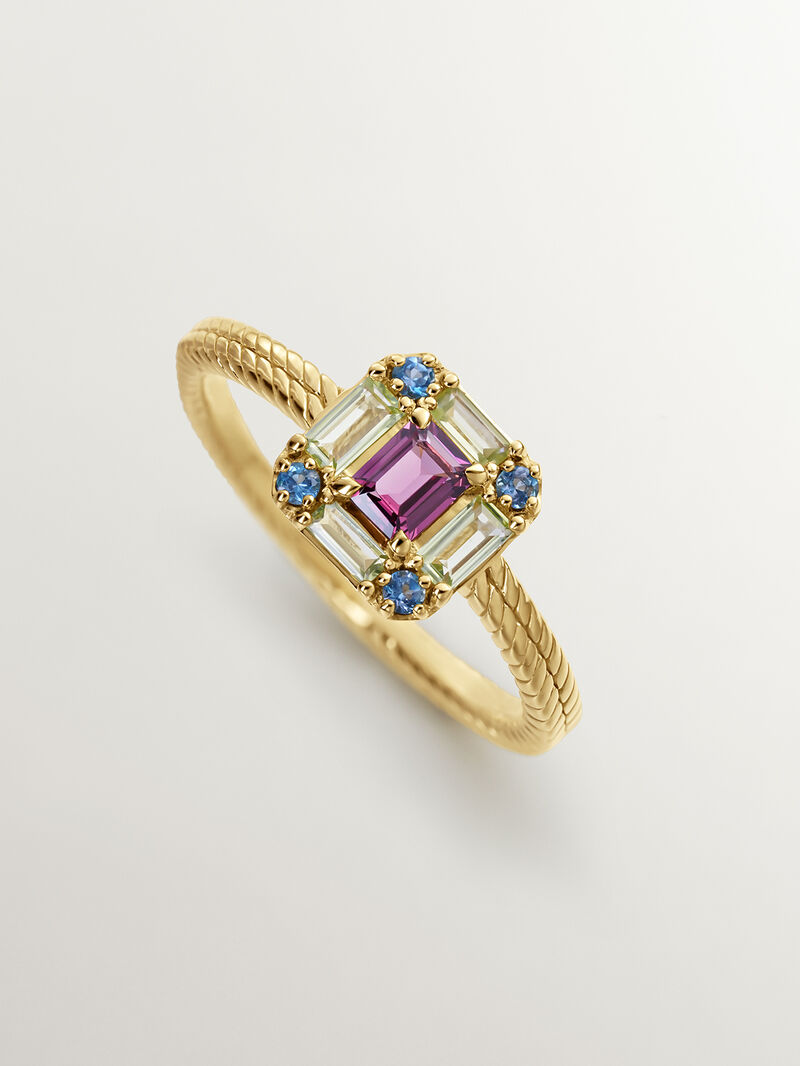 929 Silver ring bathed in 18K yellow gold with rhodolite, peridot, and topaz. image number 4