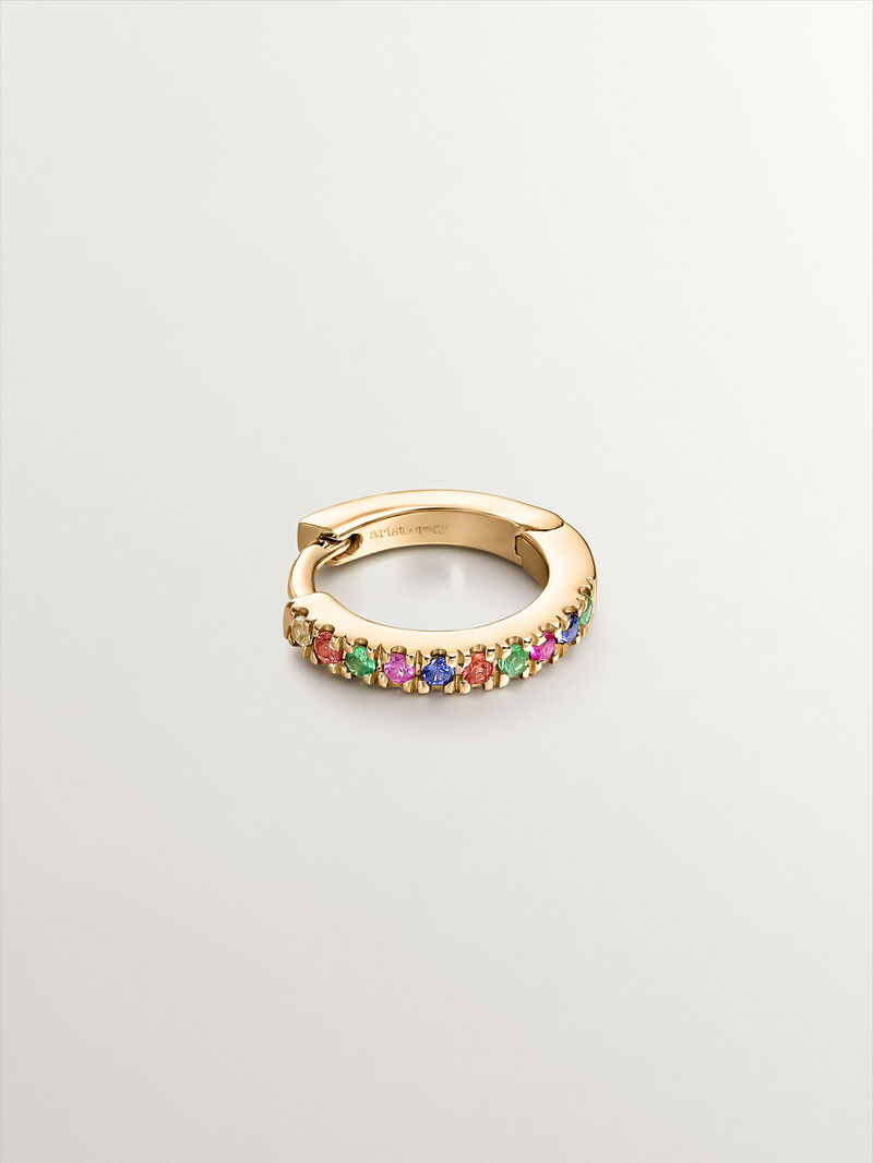 Individual 9K yellow gold hoop earring with tsavorites and multicolor sapphires. image number 2