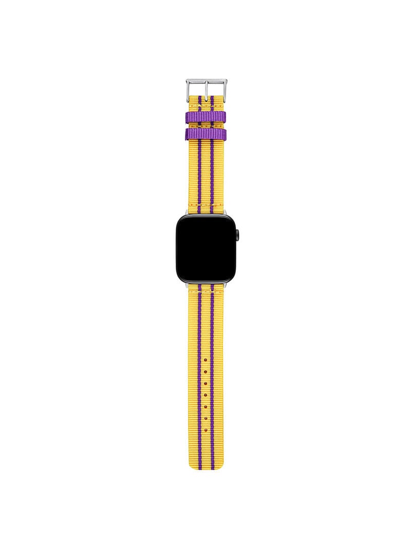 Nylon strap for Apple Watch with yellow and purple stripes. image number 7