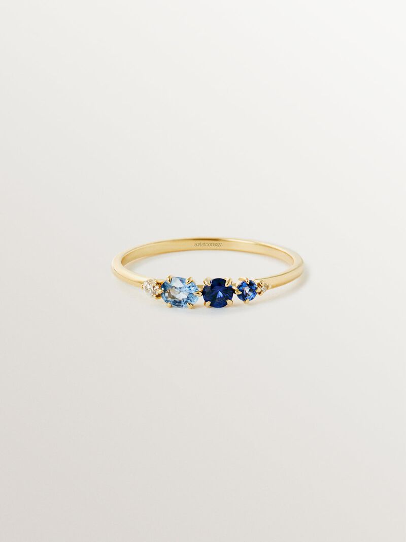 9K yellow gold ring with blue sapphires and diamonds image number 2