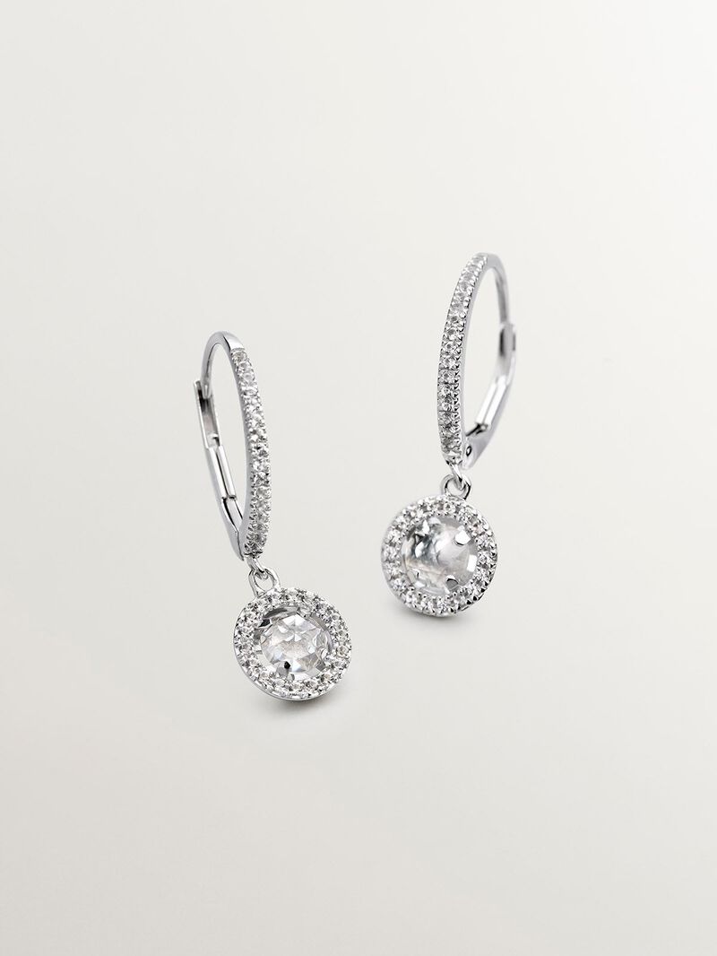 Small 925 silver hoop earrings with pendant topaz and white sapphires. image number 0