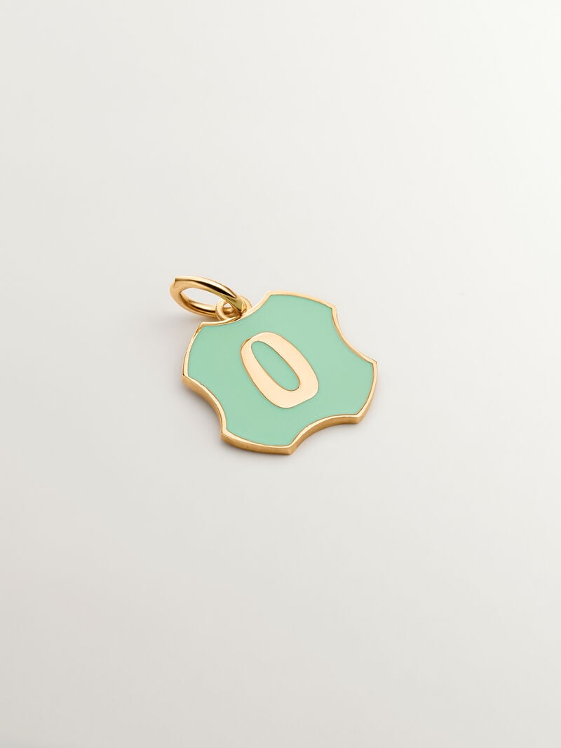 Charm in 925 sterling silver plated in 18K yellow gold with initial O and green enamel with irregular shape image number 0