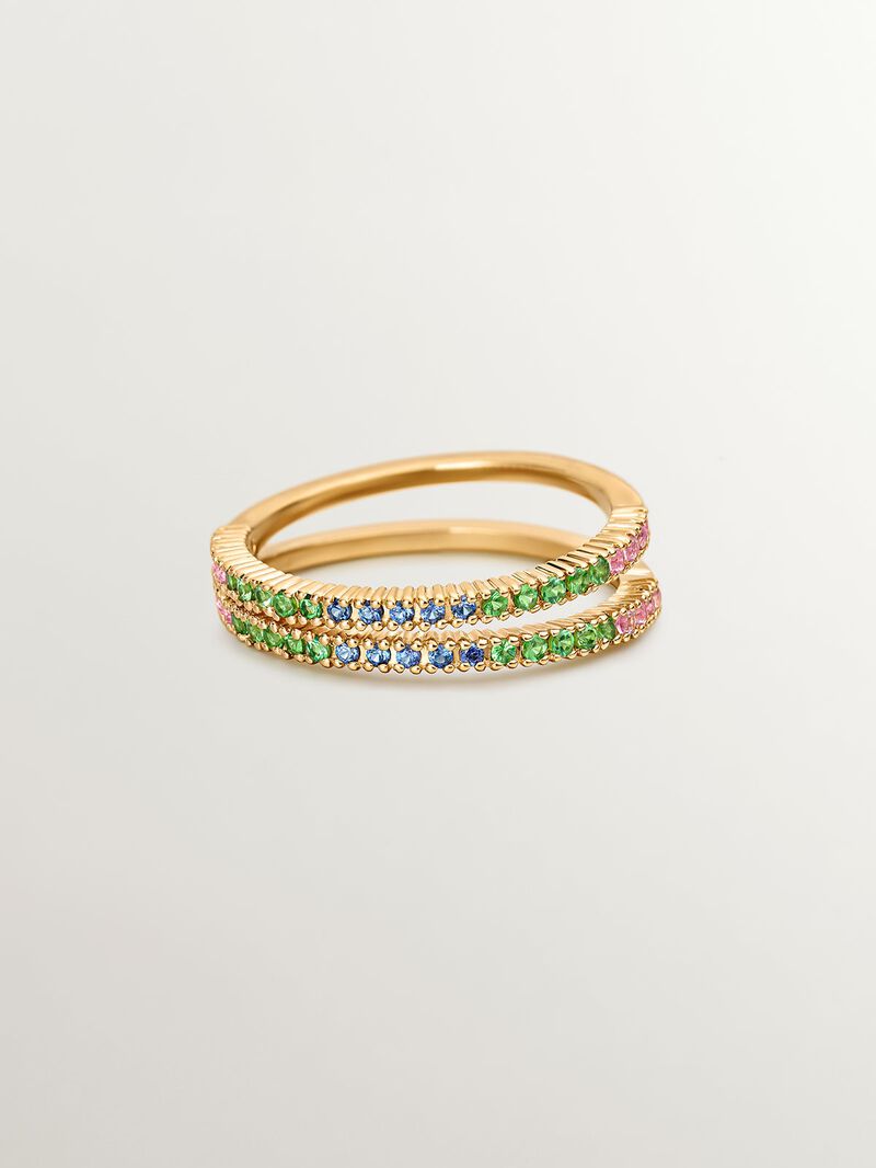 925 Silver Double Ring dipped in 18K yellow gold with tsavorites and multicolor sapphires. image number 2