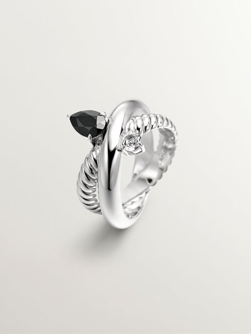 925 silver multi-arm ring with black spinel and white topaz image number 0