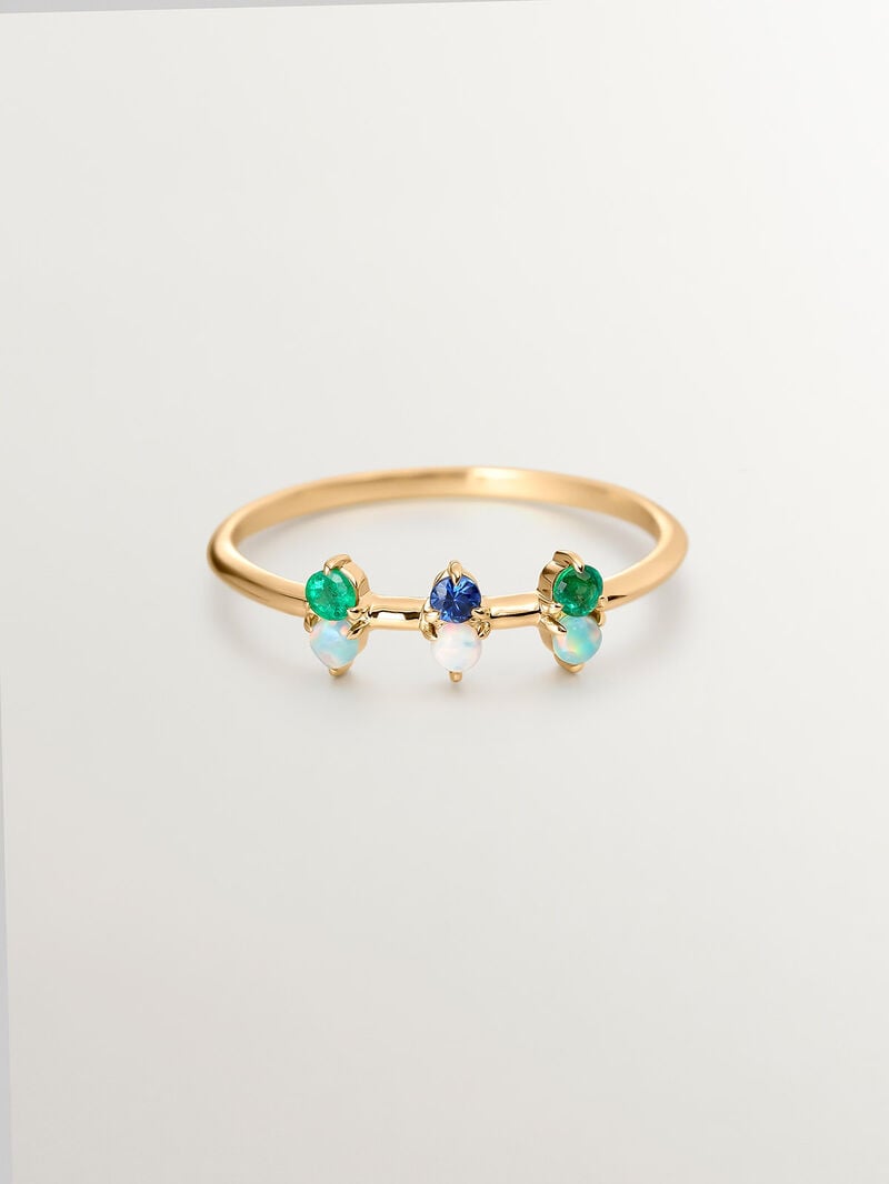 18K yellow gold ring with blue opal and white diamonds. image number 2
