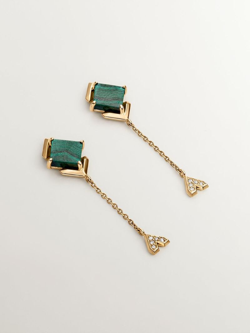 Long 9K yellow gold earrings with green malachite and diamonds image number 2