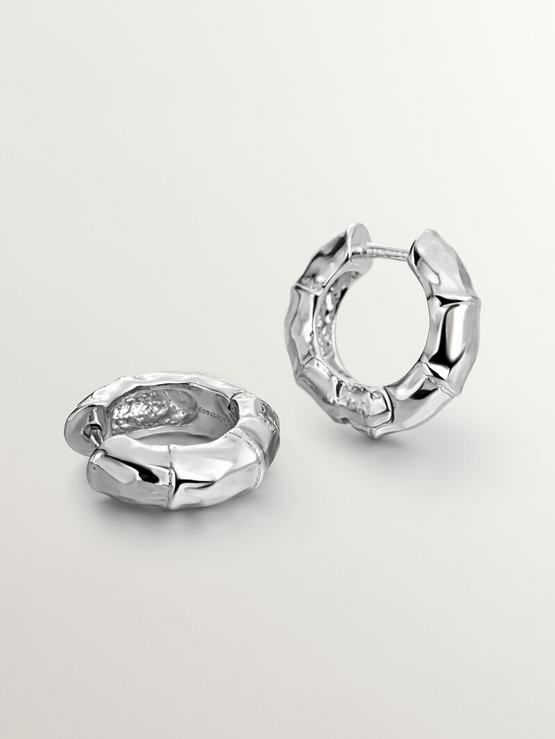 Small 925 silver hoop earrings with bamboo texture. image number 4