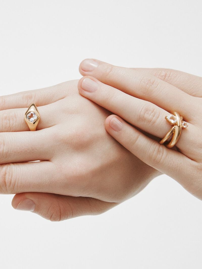 18K yellow gold plated 925 silver signet ring with white quartz image number 5