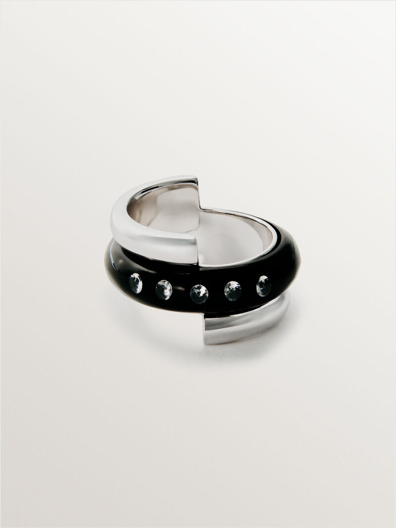 925 silver ring with black enamel and zircons suspended in resin image number 2