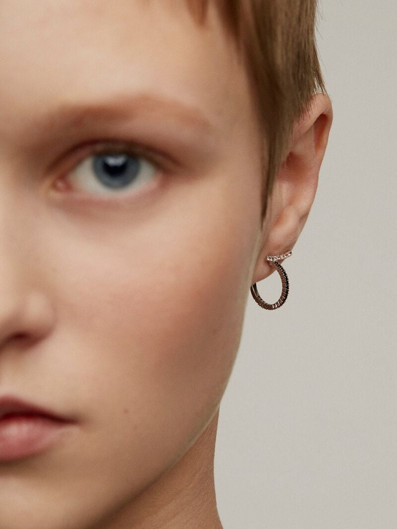 925 Silver hoop earrings with white topazes and black spinels. image number 3