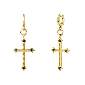 Boucles d'oreilles pendentif grande croix argent plaqué or avec spinelle , J04229-02-BSN,hi-res