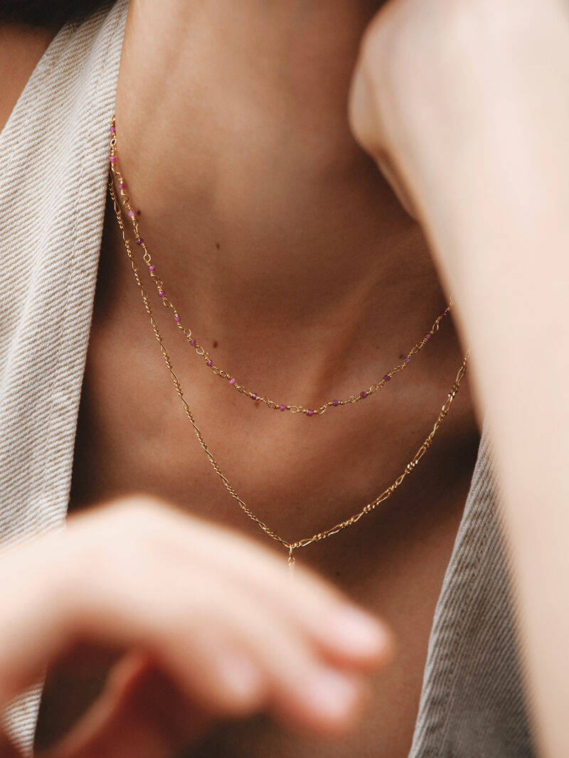 925 Silver chain bathed in 18K yellow gold with pink ruby beads. image number 5