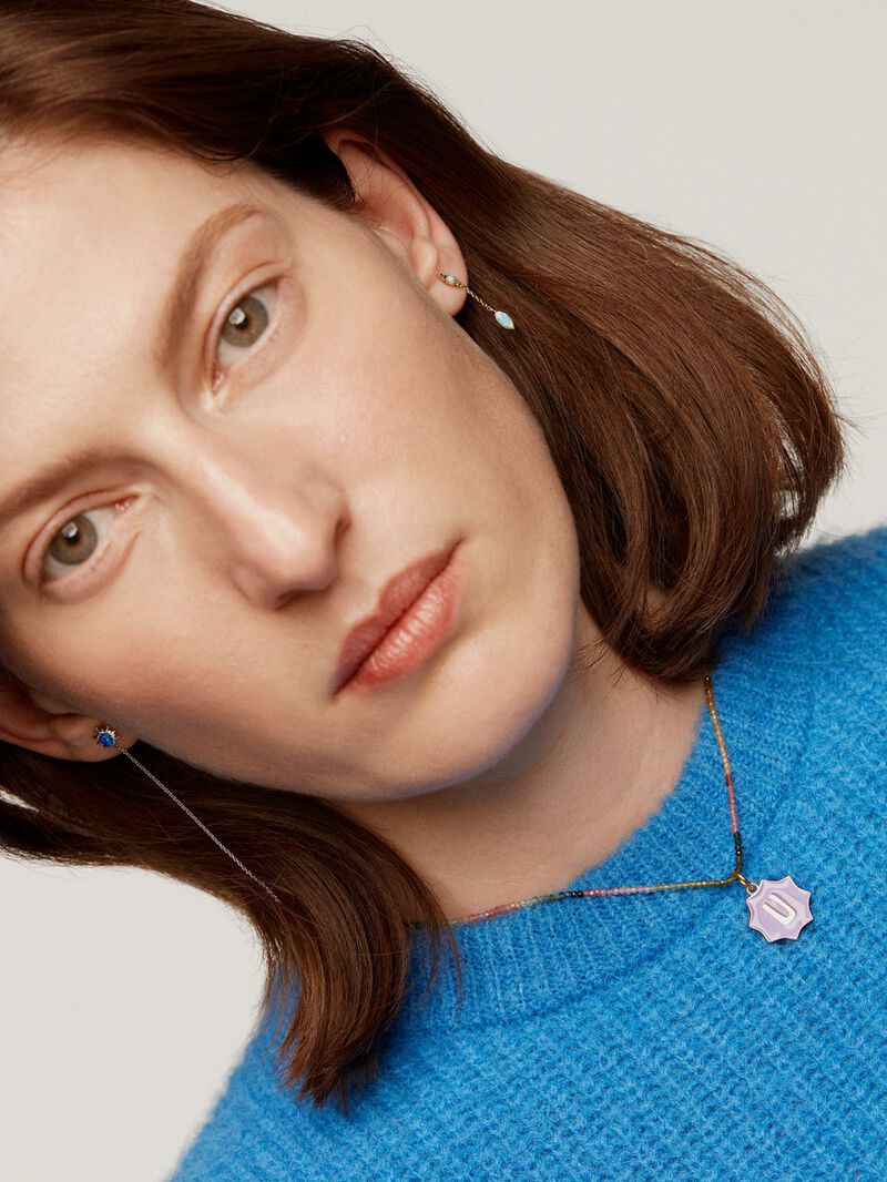 Individual 18K white gold chain earring with blue opal. image number 5