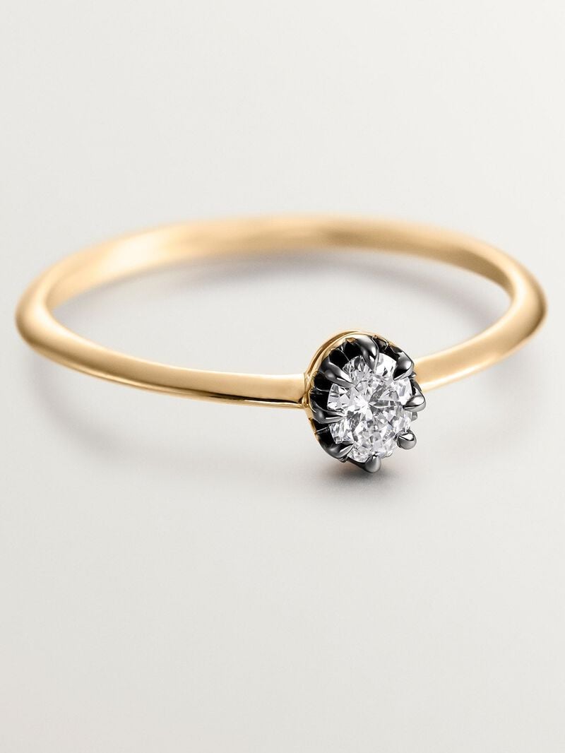18K yellow gold ring with aged effect and oval-cut diamond image number 6