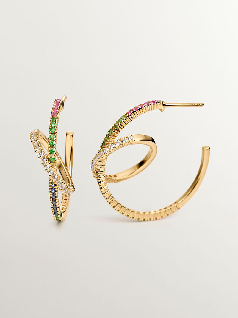 Dual hoop earrings made of 925 silver, bathed in 18K yellow gold with tsavorites and multicolored sapphires. image number 0