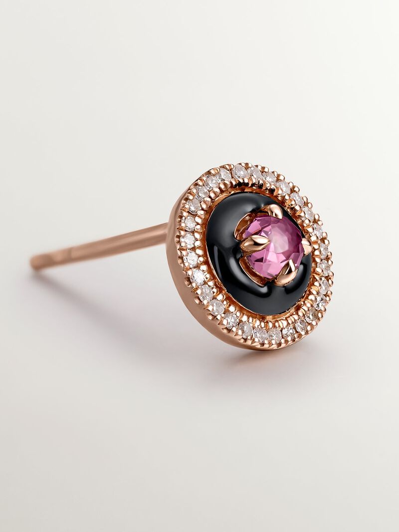 18K rose gold plated 925 silver earrings with diamonds, pink rhodolites and black enamel image number 6