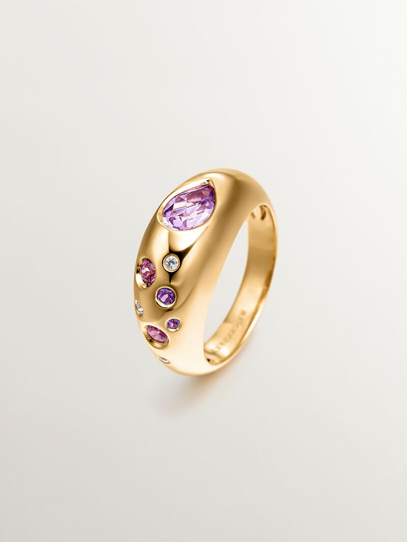 18K yellow gold plated 925 silver ring with pink and purple amethysts, white topaz and pink rhodolites image number 0