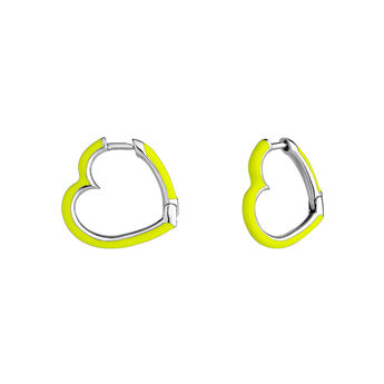Medium heart hoop earrings in silver with yellow enamel, J05158-01-LIMENA,hi-res