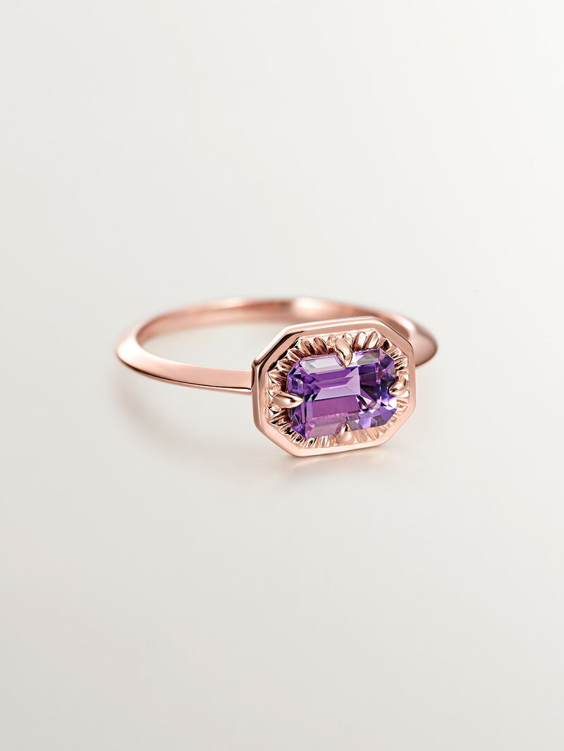 Solitaire-style ring made of 925 silver plated in 18K rose gold with purple amethyst. image number 2