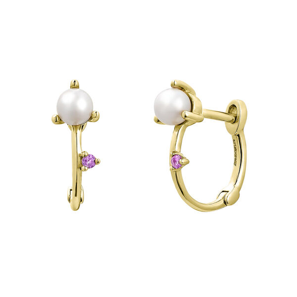 9K pearl and pink sapphire hoop earrings , J04895-02-WP-PS,hi-res